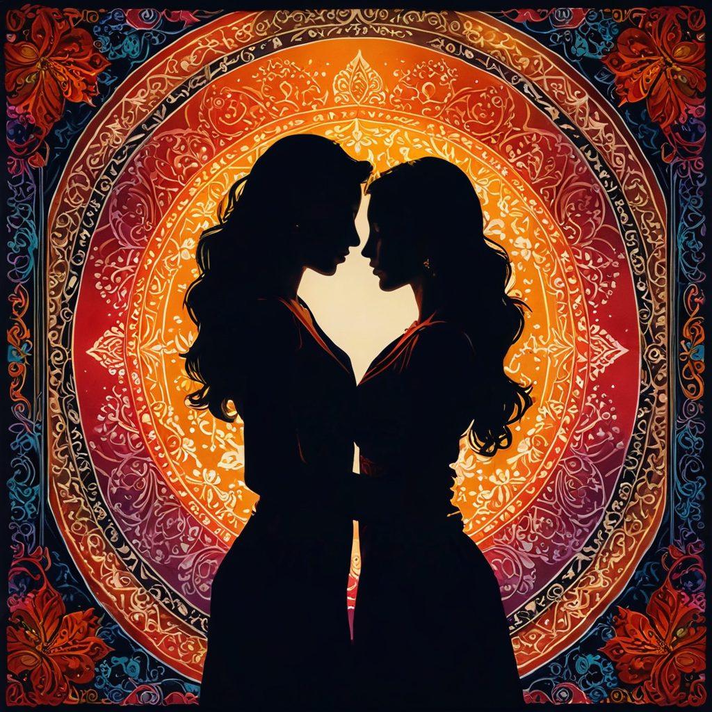 A vibrant collage illustrating diverse expressions of intimacy, featuring a silhouette couple embracing amidst a backdrop of colorful Indian cultural motifs. Include elements like traditional artwork, Bollywood film reels, and modern erotic literature seamlessly blending together. The scene should evoke passion and exploration, with warm hues and soft light to create an inviting atmosphere. super-realistic. vibrant colors. 3D.