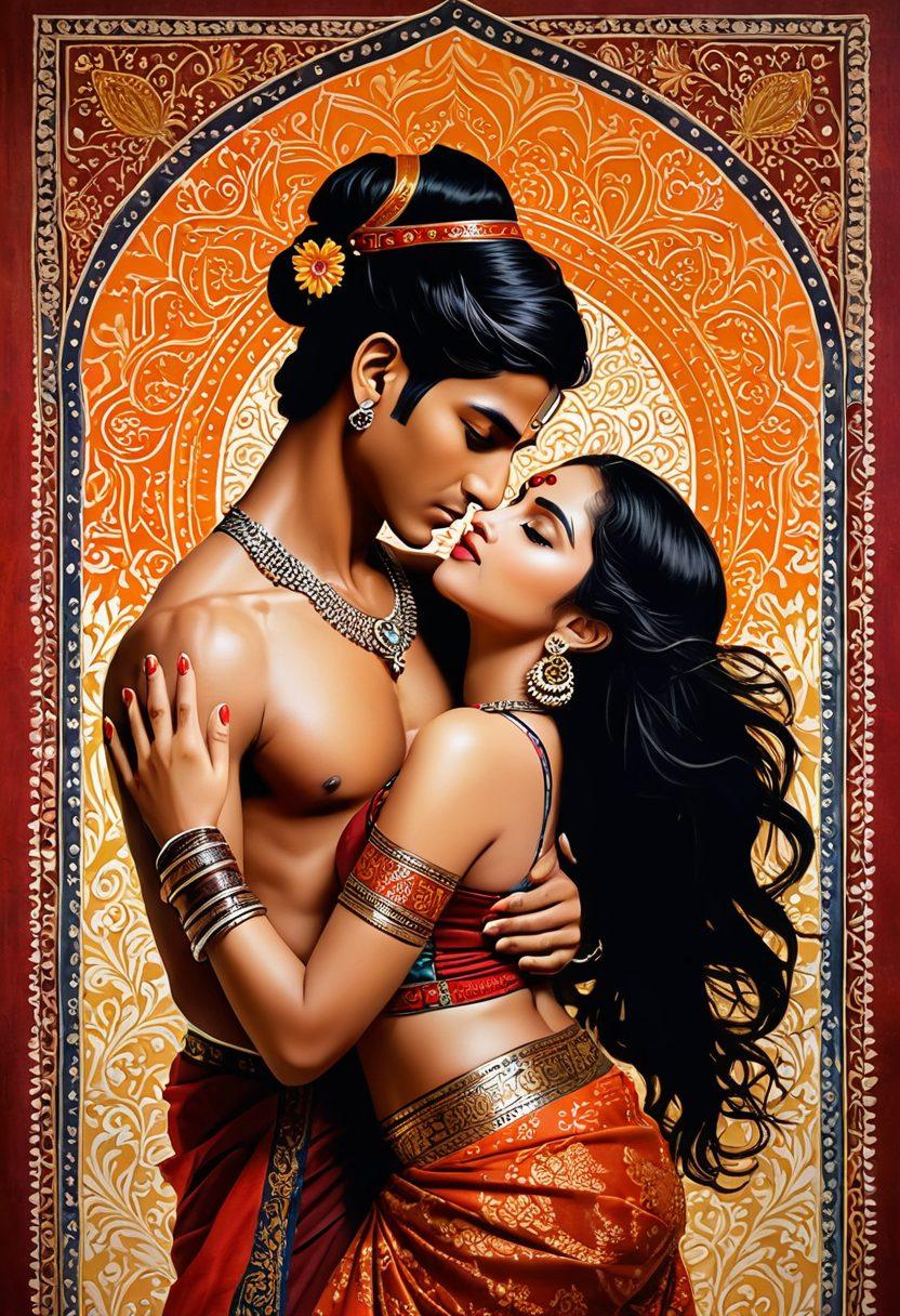 A vibrant collage showcasing traditional Indian art depicting sensual, romantic scenes, with intricate patterns and rich colors. Include elements representing various Indian cultures, like dance, music, and storytelling, intertwined with symbolic motifs of love and desire. The background should feature an architectural marvel reminiscent of Indian heritage, blending modern and traditional aesthetics. Emphasize warmth and intimacy, inviting viewers into the captivating world of Indian erotica. super-realistic. vibrant colors. intricate details.